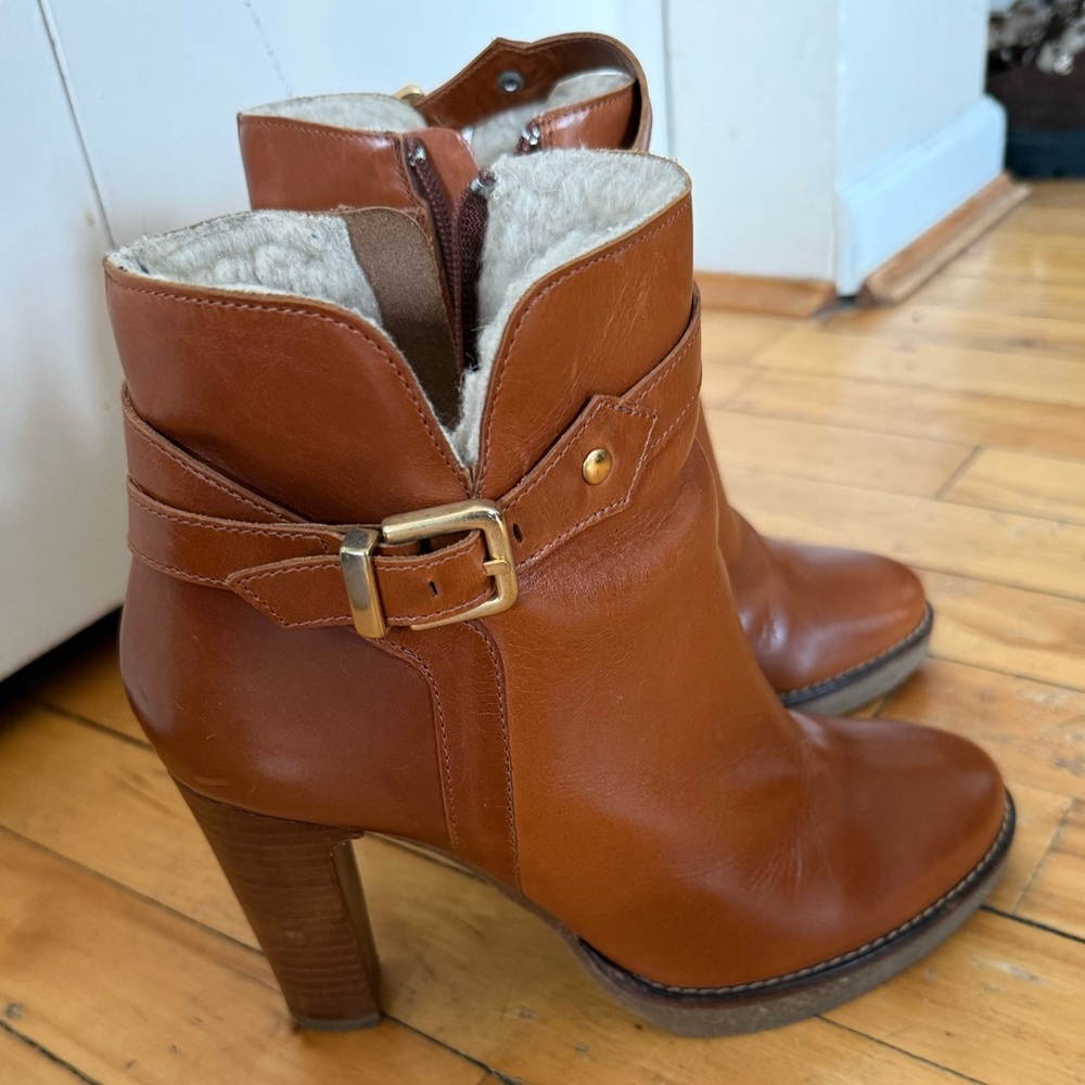 Women's Brown Leather Ankle Booties with Buckle Accent